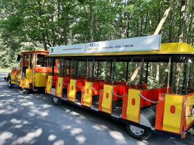 Eine gelb-rote Tschu-tschu-Bahn fährt durch den Wald.